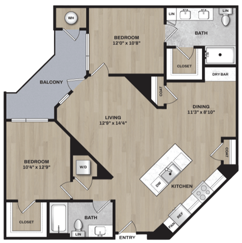 Floor plan for 2 beds, 2 baths, 1185 sqft